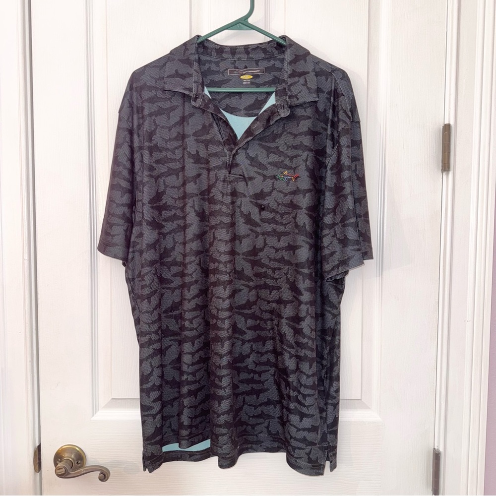 Greg Norman Play Dry Gray Shark Pattern Short Sleeve Collared Polo Shirt XXL